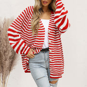Red and white stripe button-up knit cardigan with a relaxed fit.