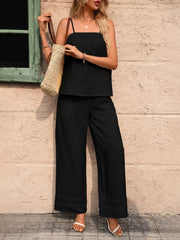 Black cami and wide-leg pants set with lace trim detail