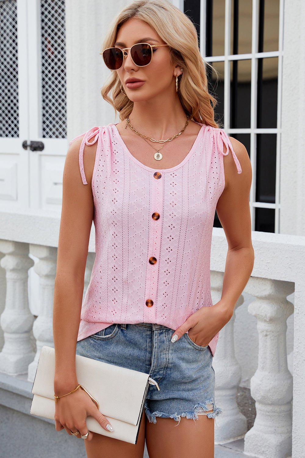 Pink eyelet button-down tank top with tie shoulders and scoop neck