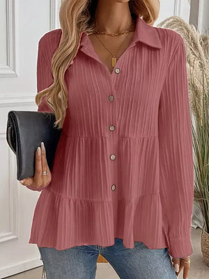 Dusty pink crinkled button-down shirt with tiered hem and button detail