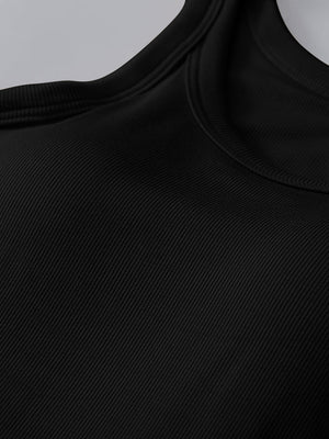 Black ribbed knit tank top with built-in bra and scoop neckline.