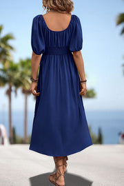 Dark blue off-shoulder empire midi dress with puff sleeves and smocked waist