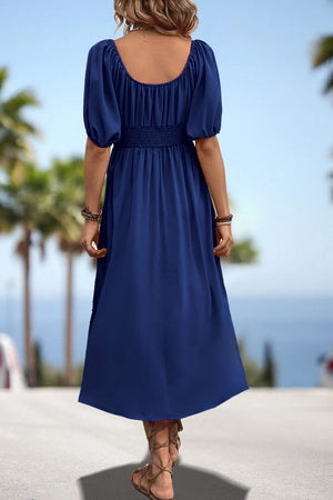 Dark blue off-shoulder empire midi dress with puff sleeves and smocked waist