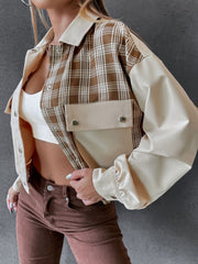 Panelled plaid and faux leather jacket in beige with buttoned pockets and collar.