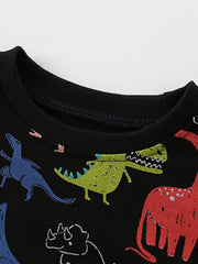 Black crew neck sweatshirt with a colorful dinosaur print for babies.