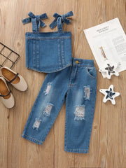 Children's Tie Shoulder Tank And Distressed Jeans Set in Blue, side view