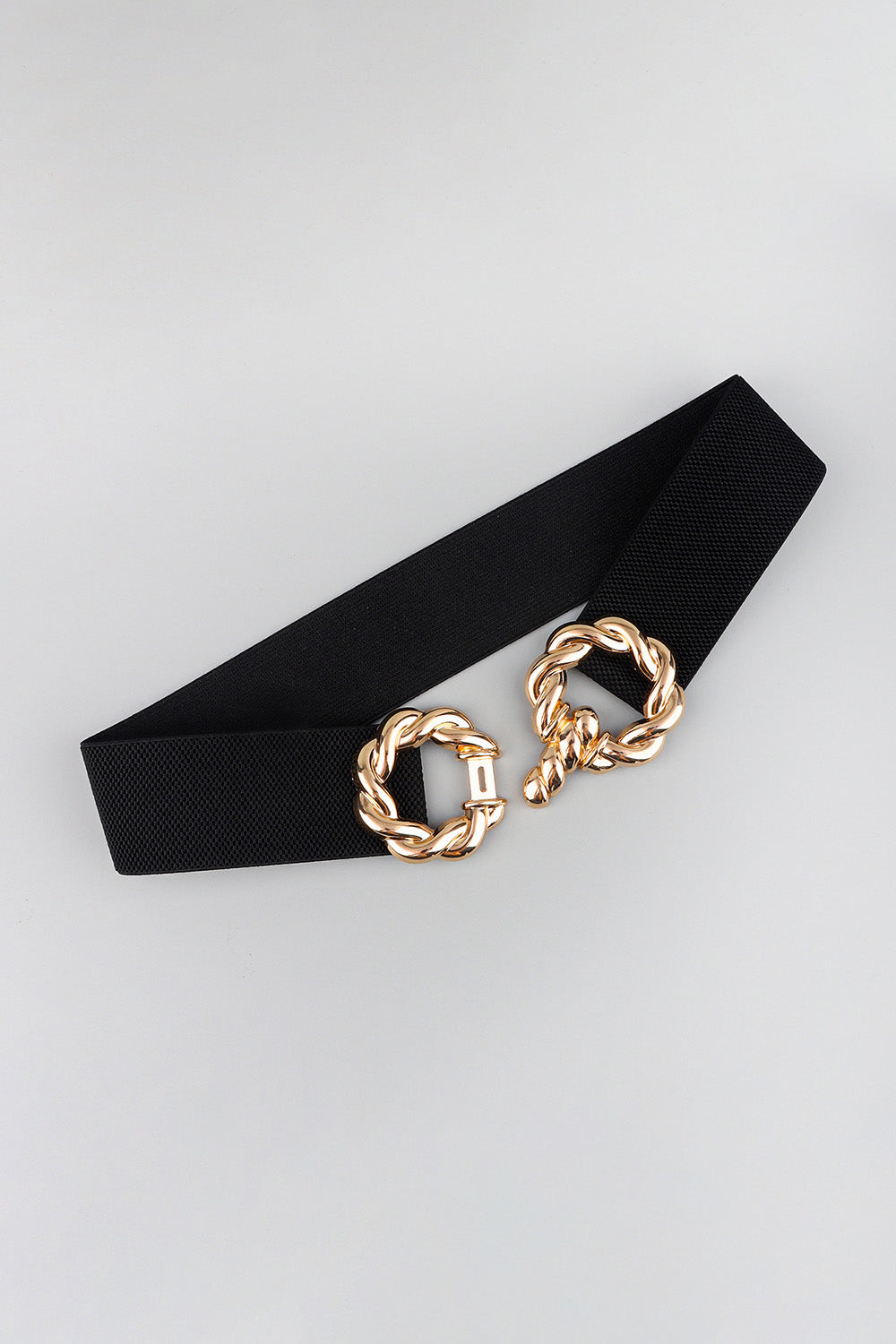 Black braided stretch belt with gold knot buckle detail