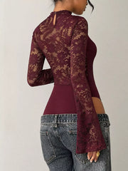 Intricate Lace Cut-out Bodysuit With Flare Sleeves