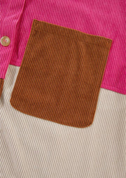 Colorblock corduroy shacket with patchwork pocket in hot pink and tan stripe.