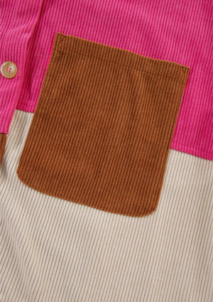 Colorblock corduroy shacket with patchwork pocket in hot pink and tan stripe.