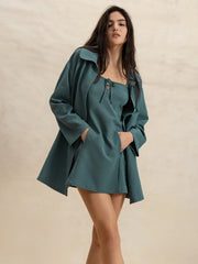 Textured mini dress and duster set in French Blue with tie-neck detail and pockets