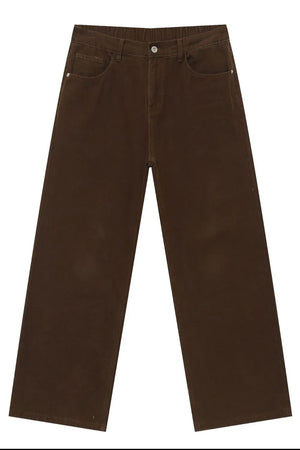 Chocolate brown wide-leg 100% cotton jeans with elasticated waistband and pockets.
