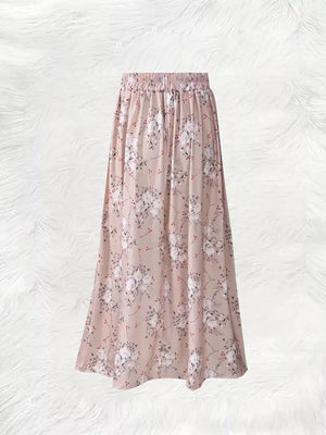 Apricot floral print a-line maxi skirt with elastic waist