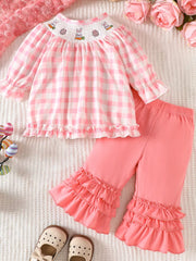 Children's Plaid Smocked Long Sleeve Top And Pants Set in Pink, front view