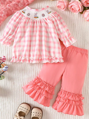 Children's Plaid Smocked Long Sleeve Top And Pants Set in Pink, front view