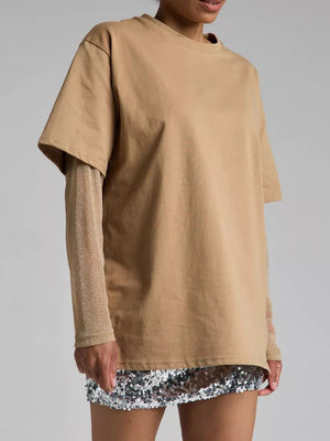 Camel oversized t-shirt with sheer long sleeves and sequin hem detail