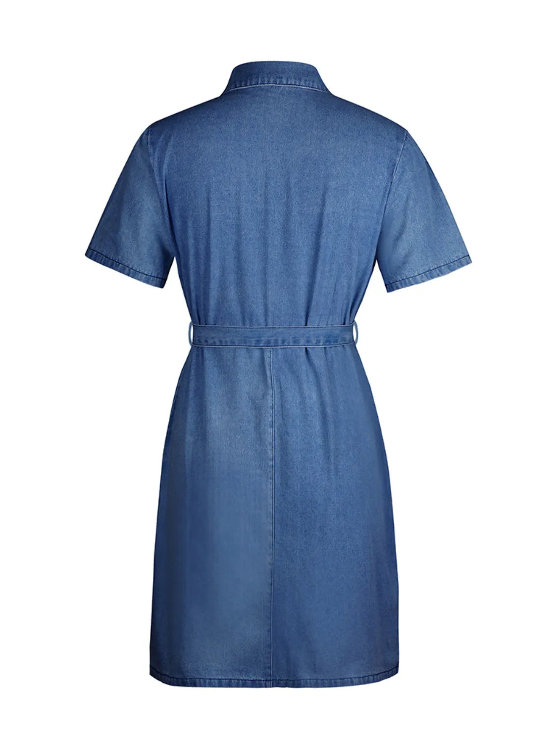 Belted denim shirtdress in light blue with short sleeves and a collared neckline.
