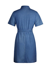 Belted denim shirtdress in light blue with short sleeves and a collared neckline.