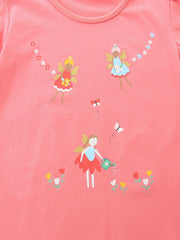 Coral t-shirt with fairy and butterfly print, short sleeves, round neck.