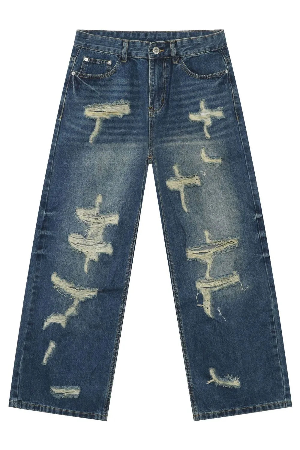 Oversized ripped denim jeans in medium wash with a wide-leg silhouette and distressed details.