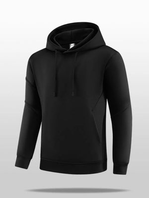 Black cotton blend hoodie with drawstring hood and kangaroo pocket.