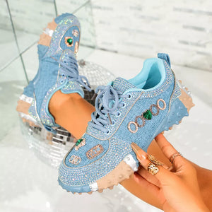 Rhinestone Round Toe Sneakers in Blue, back view