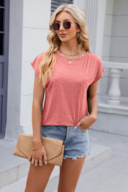 Relaxed cap sleeve tee in watermelon pink with a chest pocket and crew neck.