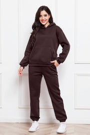 Chocolate relaxed hoodie with front pocket and matching joggers.