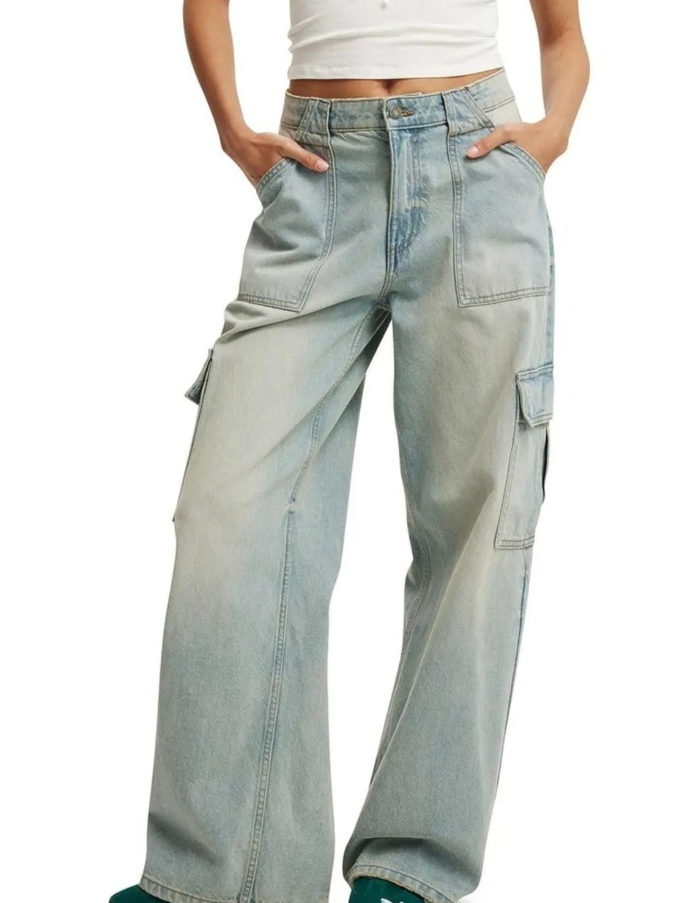 Light blue wide leg cargo jeans with buttoned front and utility pockets.