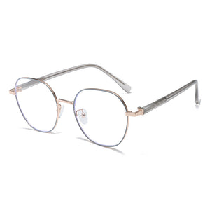 Minimalist metal frame glasses with clear lenses and rose gold accents.