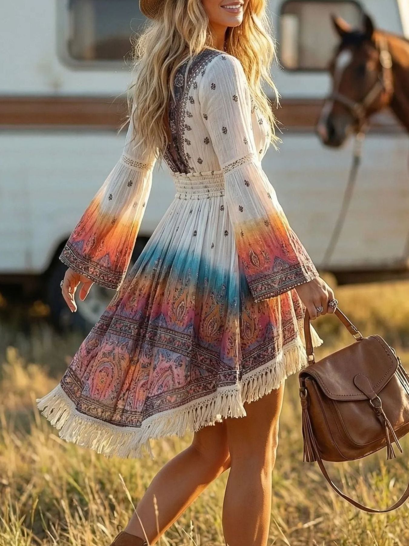 Bohemian V-neck dress with ombre fringe hem and bell sleeves, featuring a paisley print.