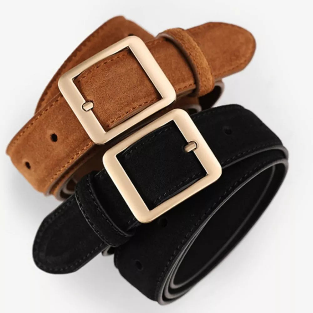 Brown and black cowhide leather belts with square gold buckles