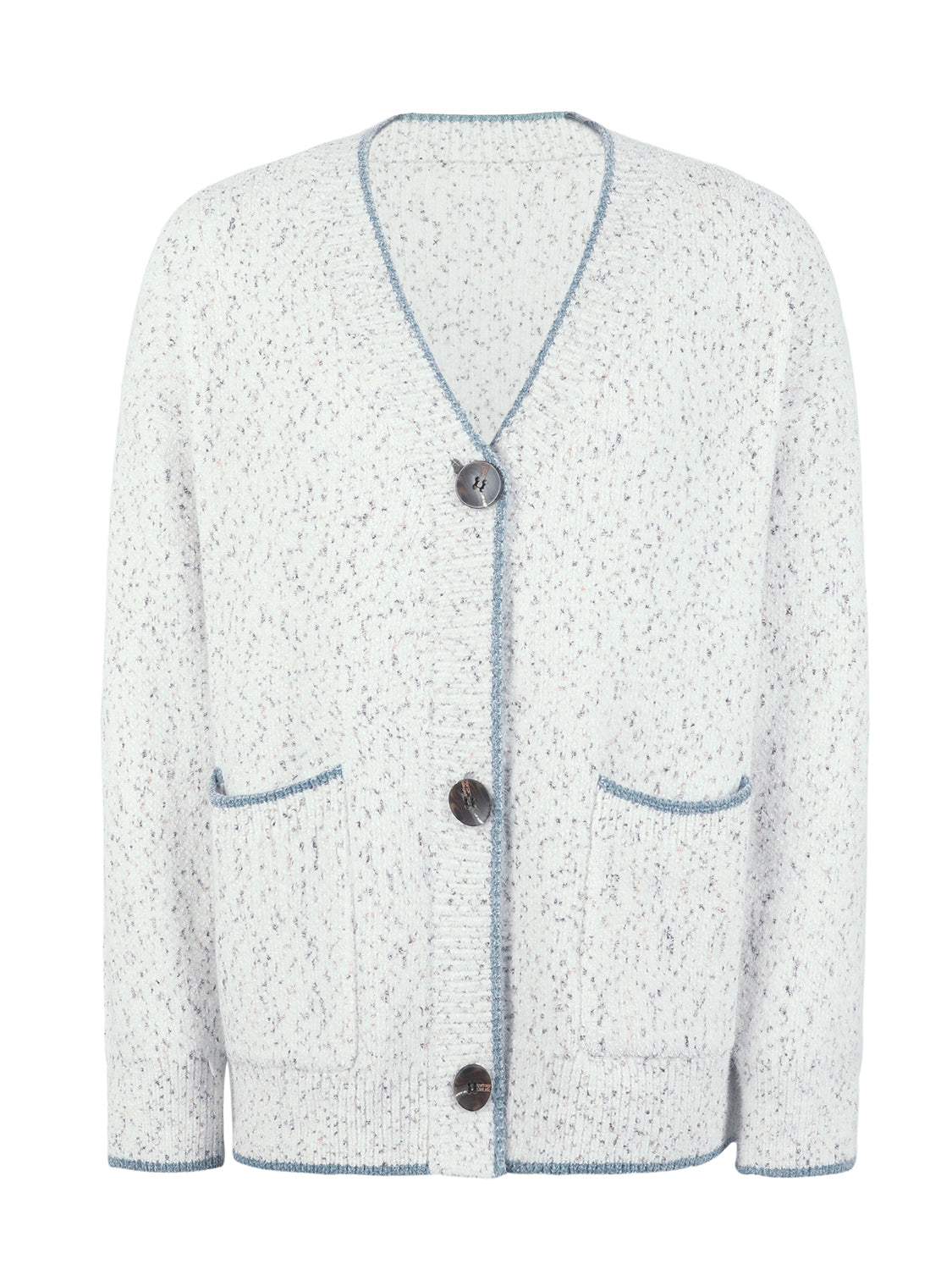 Textured knit cardigan in white with blue contrast trim and buttons.