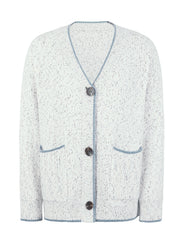 Textured knit cardigan in white with blue contrast trim and buttons.