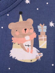 Blue cotton baby dress with cartoon bear, gifts, and stars print.