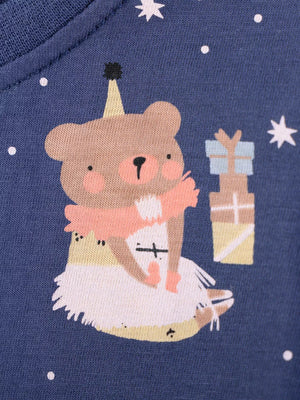 Blue cotton baby dress with cartoon bear, gifts, and stars print.