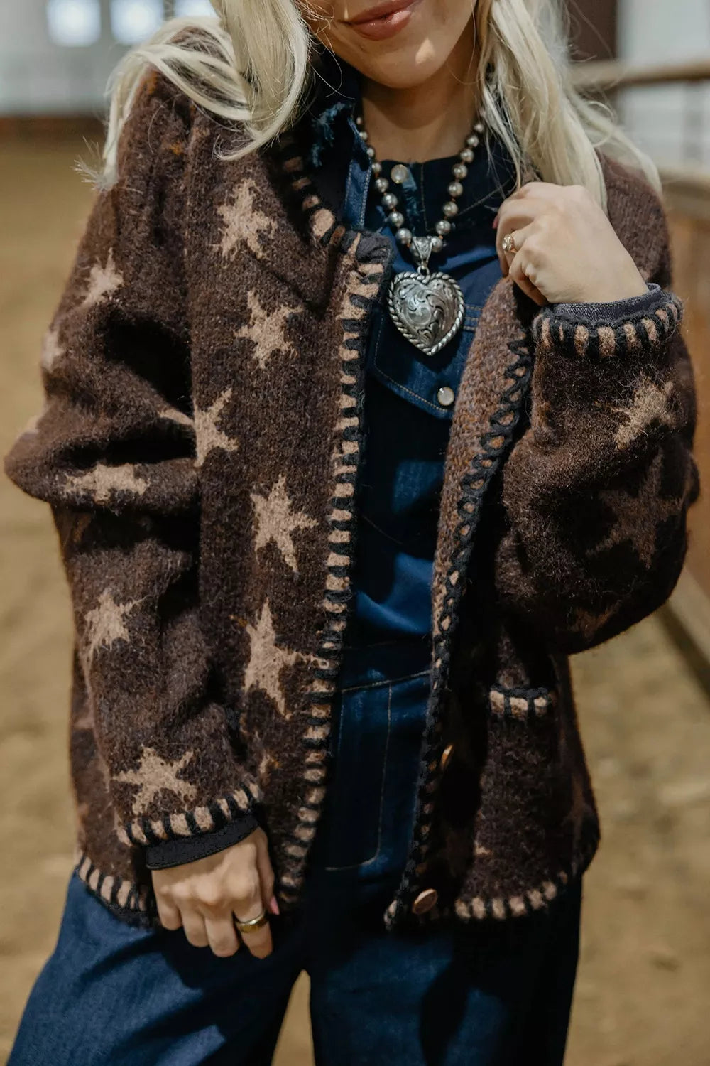 Stars Pattern Colorblock Long Sleeve Cardigan in Coffee Brown, side view