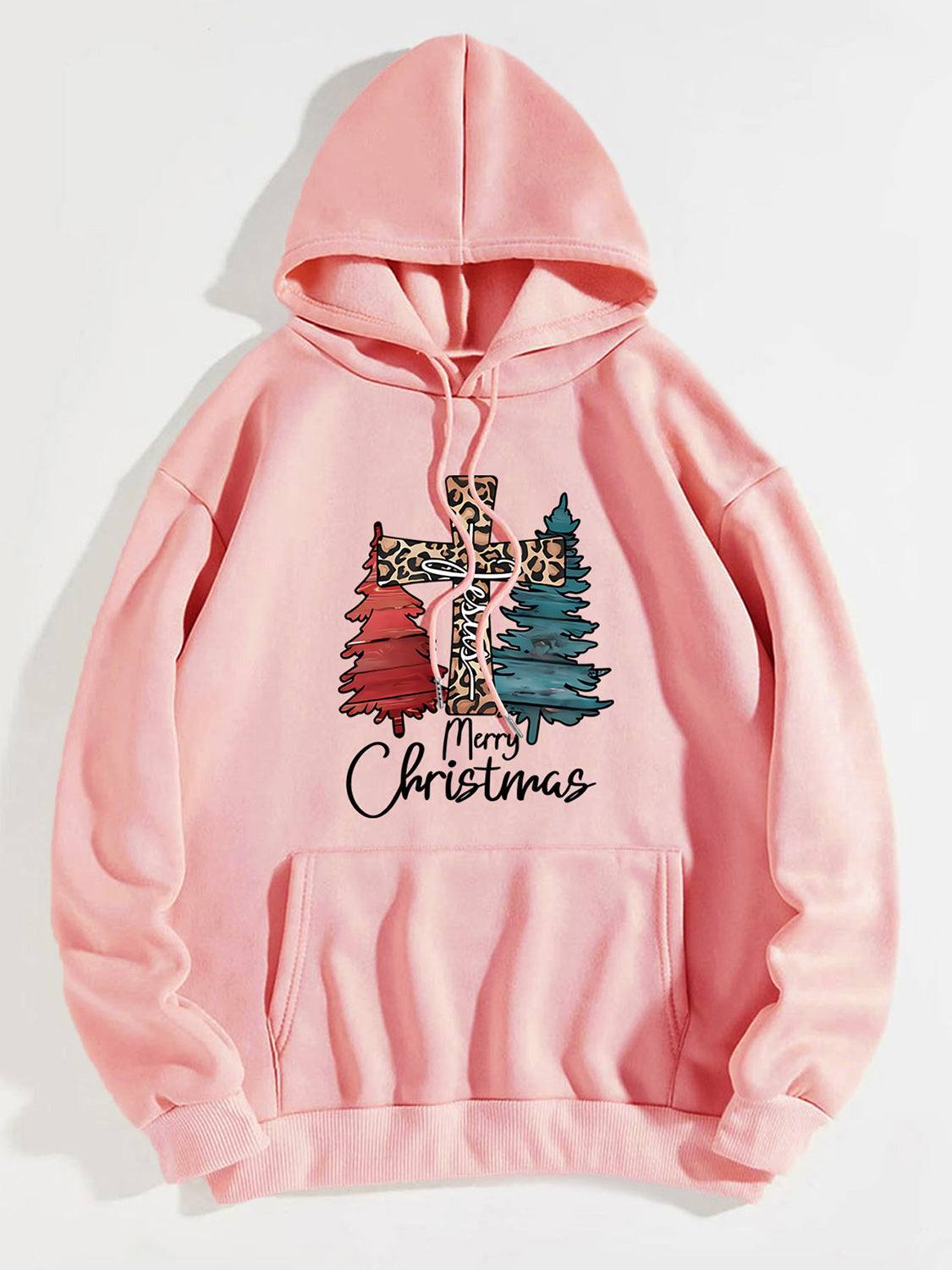 Blush pink hoodie with leopard print cross and Christmas trees graphic.