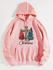 Blush pink hoodie with leopard print cross and Christmas trees graphic.