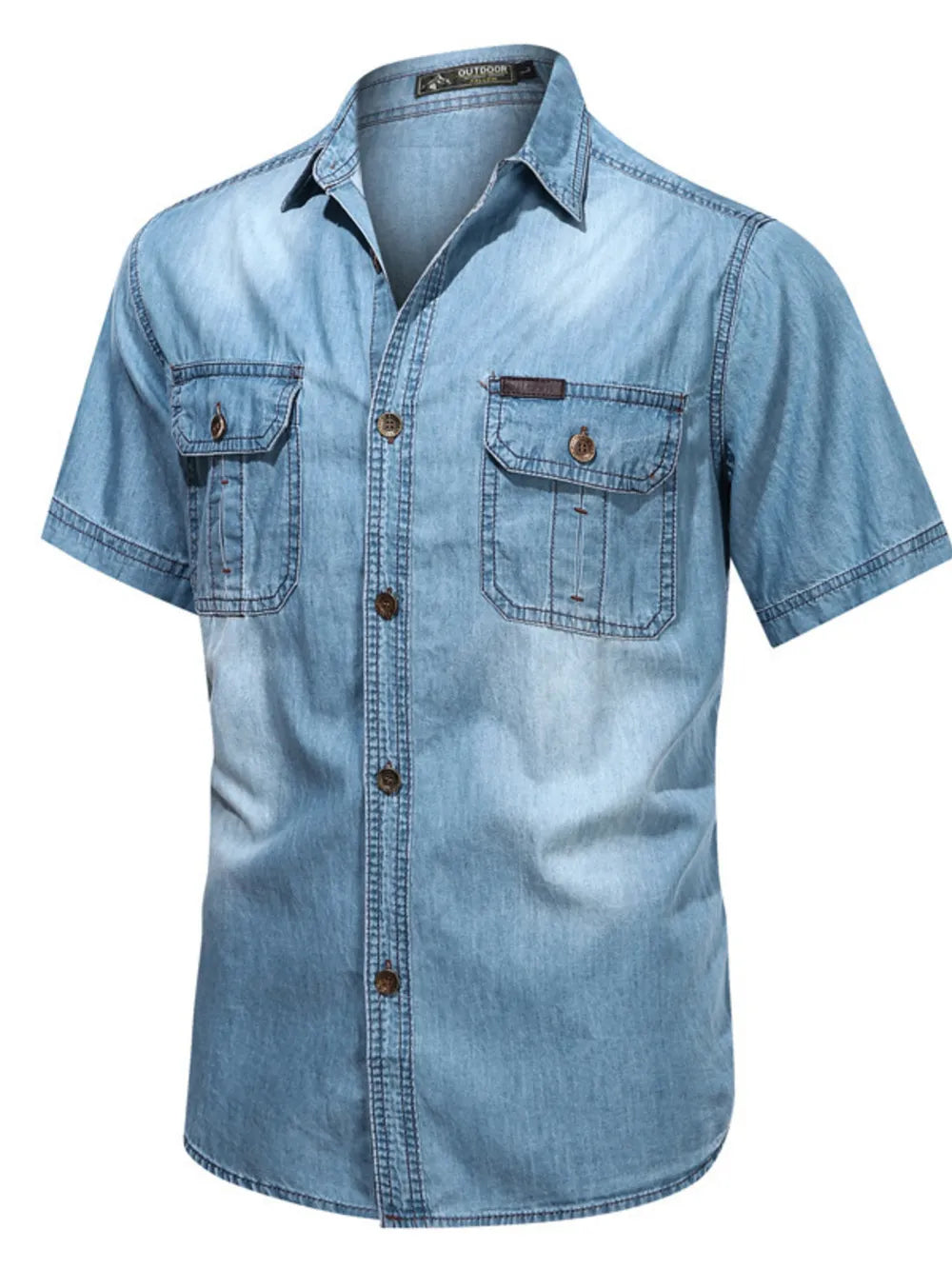 Men's light wash denim button-down shirt with short sleeves and two chest pockets.