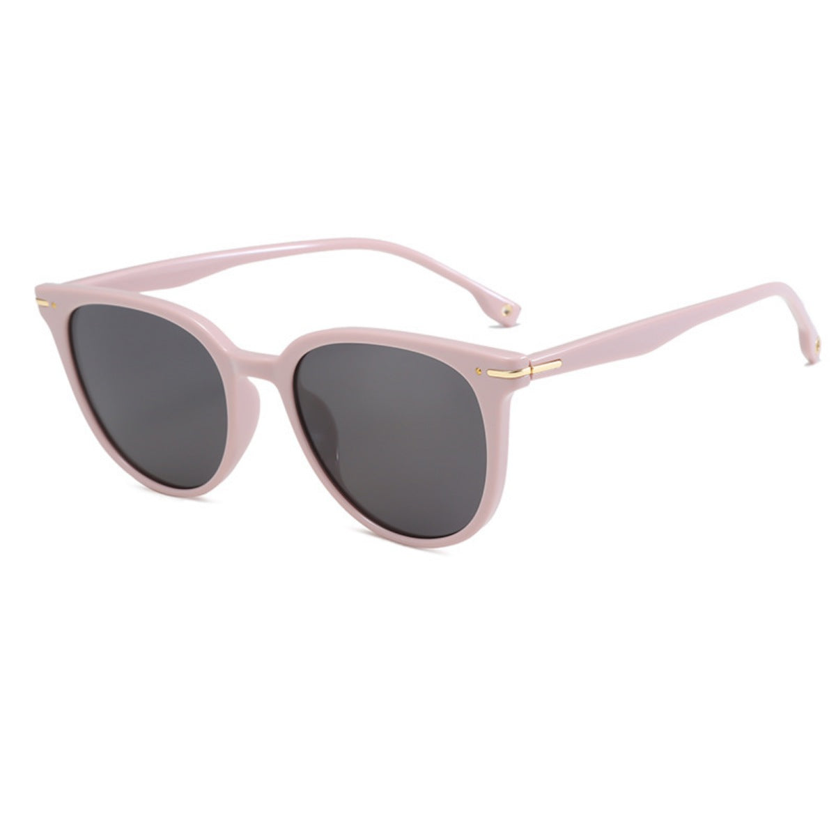 Blush pink cat-eye sunglasses with dark lenses and gold accents on the temples.