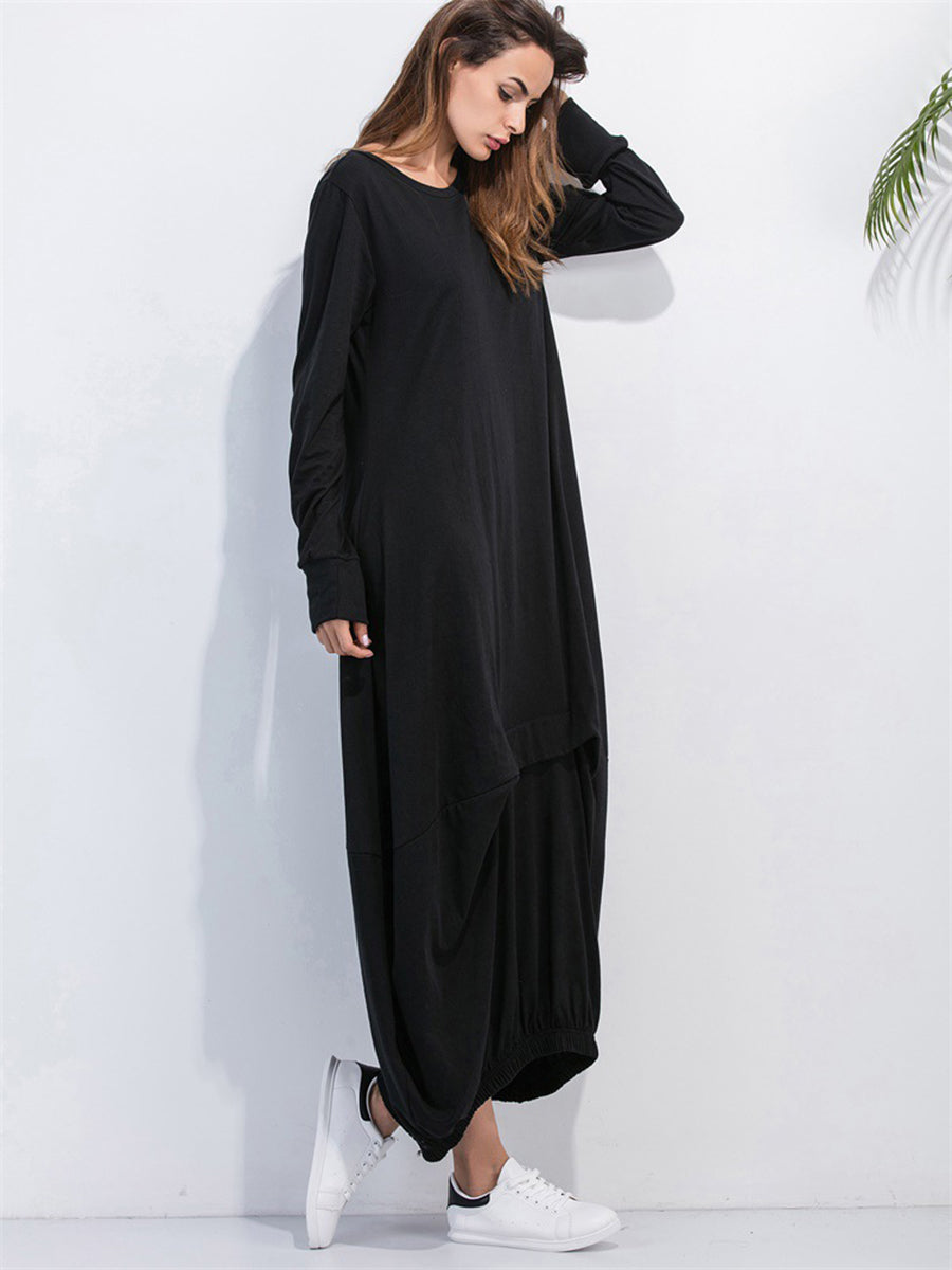 Black long sleeve maxi dress with balloon hem detail and crew neck