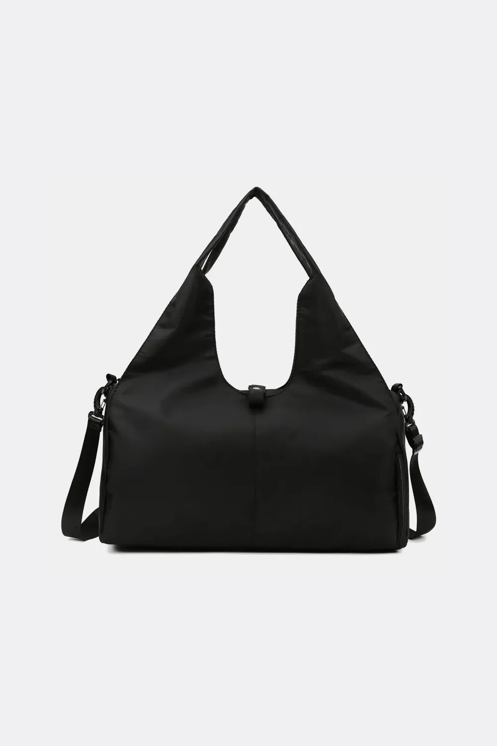 Black duffel bag with adjustable shoulder strap and top handles for weekend travel.