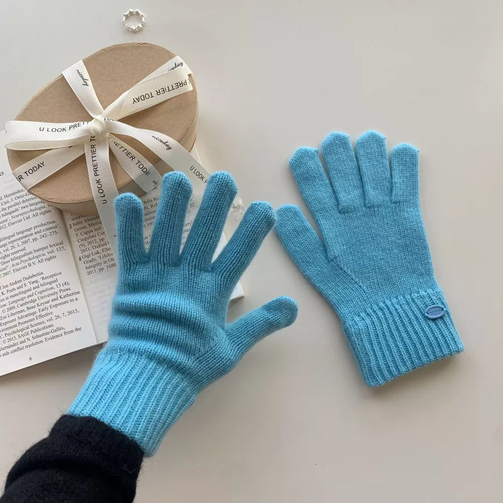 Cerulean wool knit gloves with ribbed cuffs and button detail