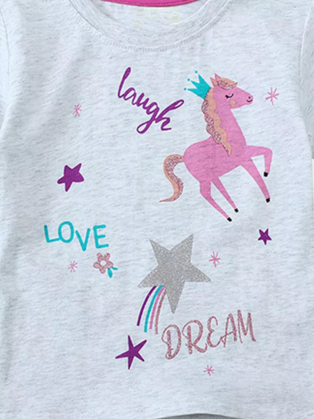 Toddler grey cotton t-shirt with pink unicorn, stars, and text graphics.