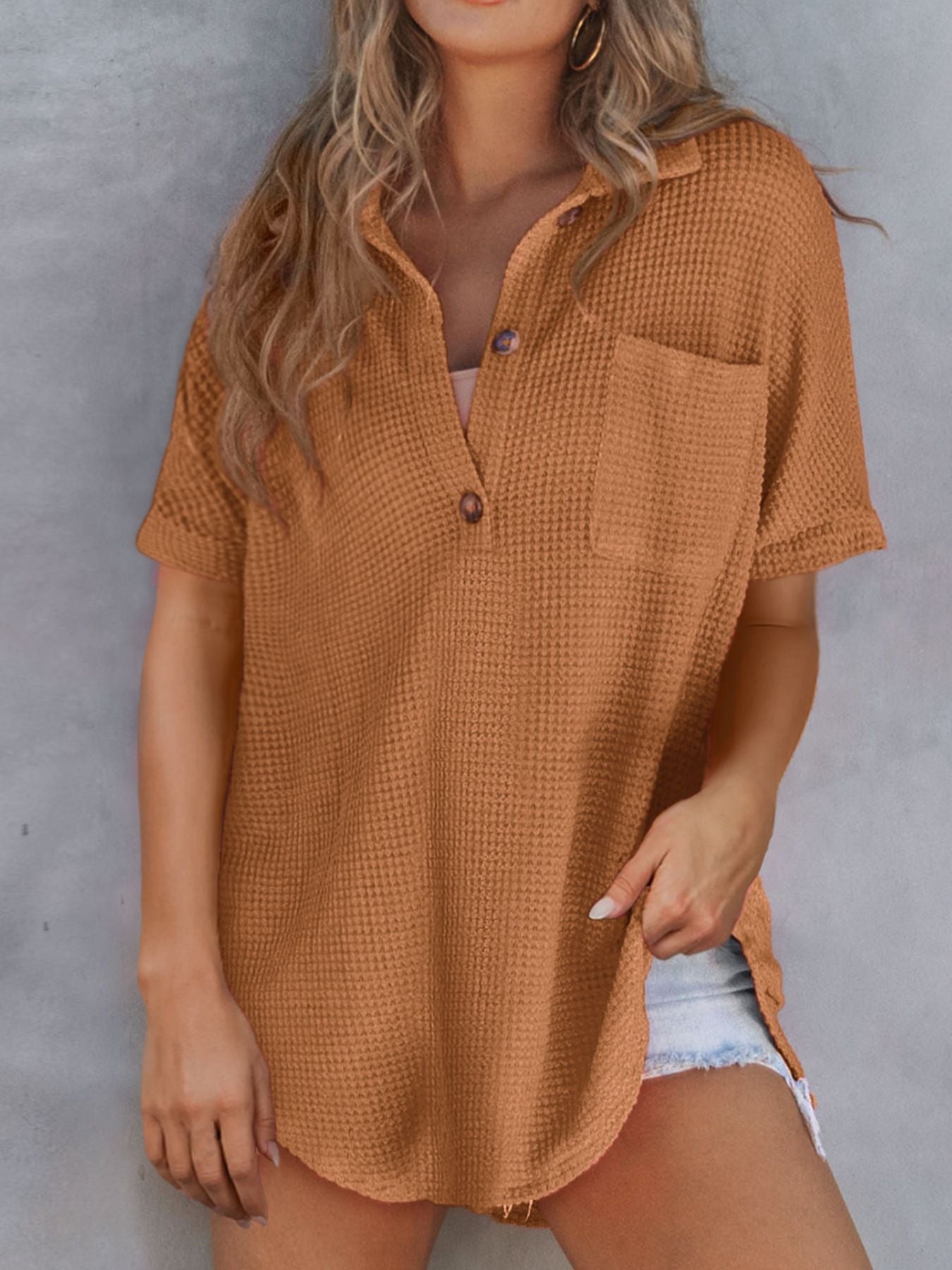 Waffle-knit collared shirt in camel with button detail and chest pocket.