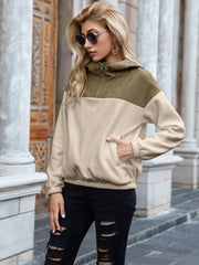 Quilted Shoulder Block Fleece Hoodie in Khaki and Cream with quarter zip and front pocket.