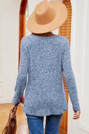 Dusty Blue ribbed knit top with eyelet shoulder detail, long sleeves, and scoop neck.
