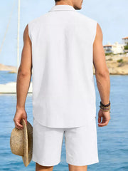 Men's white linen sleeveless shirt and shorts set, relaxed fit, casual summer style.