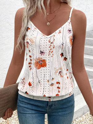 Floral v-neck camisole with eyelet detail and spaghetti straps.
